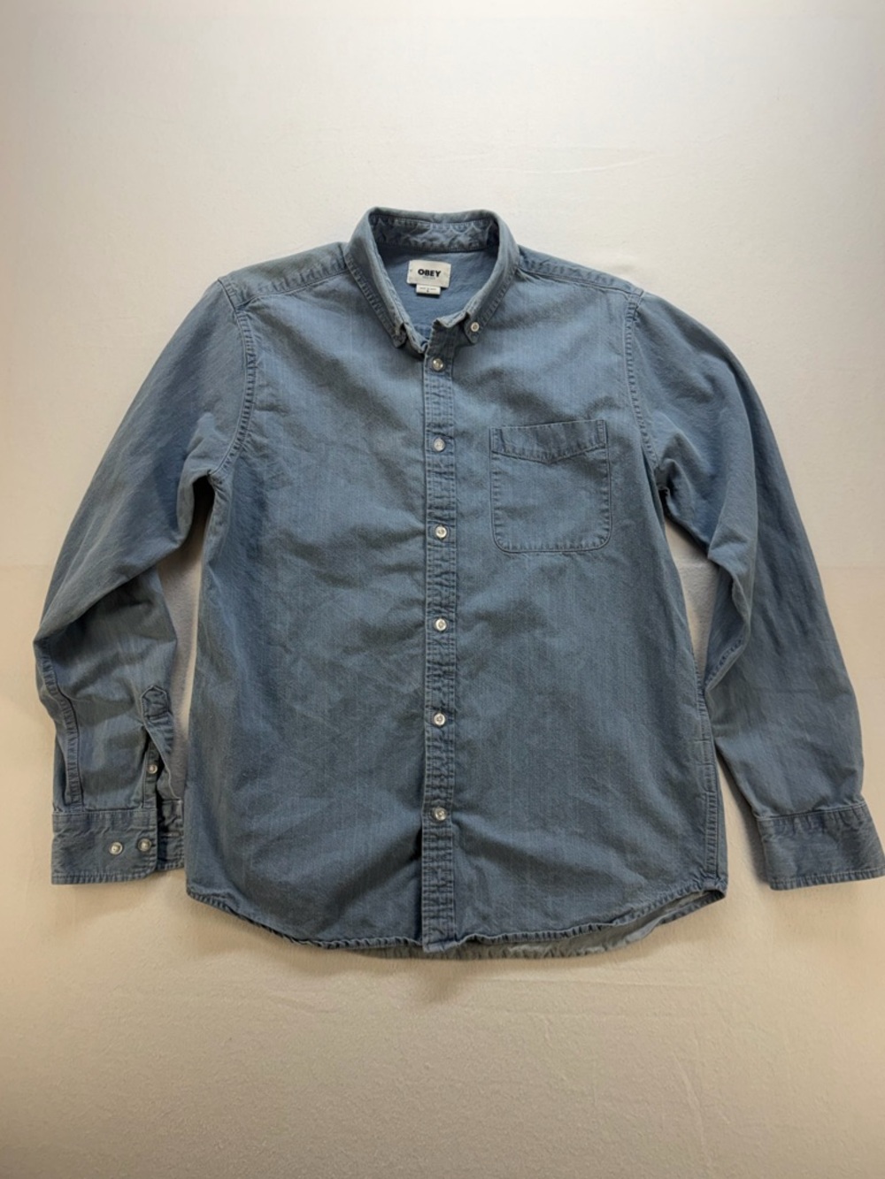 OBEY Men's Light Blue Button-Down Denim Shirt
